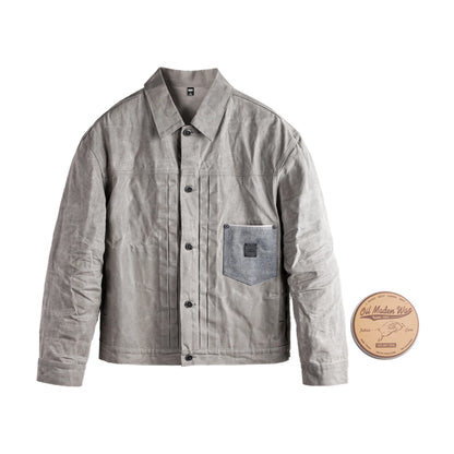 Maden Men's Vintage Grey Canvas Oil-Waxed Waterproof Hunting Jacket with Double Pleats and Patch Pockets for Autumn