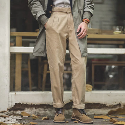 Classic Vintage Khaki Gurkha Pants for Men – Adjustable High Waist Casual Cargo Trousers for Spring and Fall