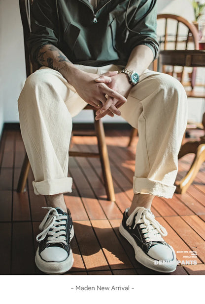 Maden Vintage Style 11.2oz White Cottonseed Hull Loose Straight-Leg Jeans for Men – Casual Spring &amp; Autumn Chino-Inspired Cargo Trousers &nbsp;