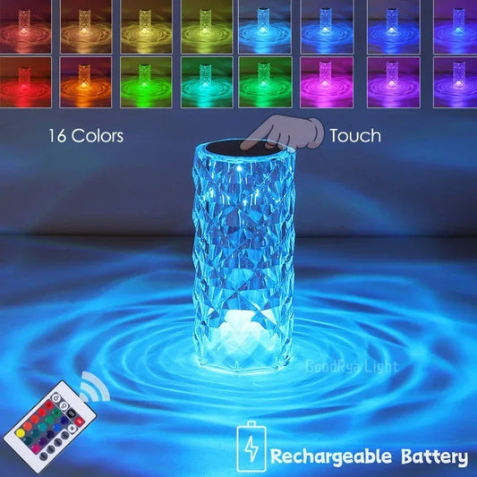 Romantic 16-Color LED Crystal Rose Lamp – Rechargeable Touch Control Diamond Light for Home, Bar &amp; Ambient Decor
