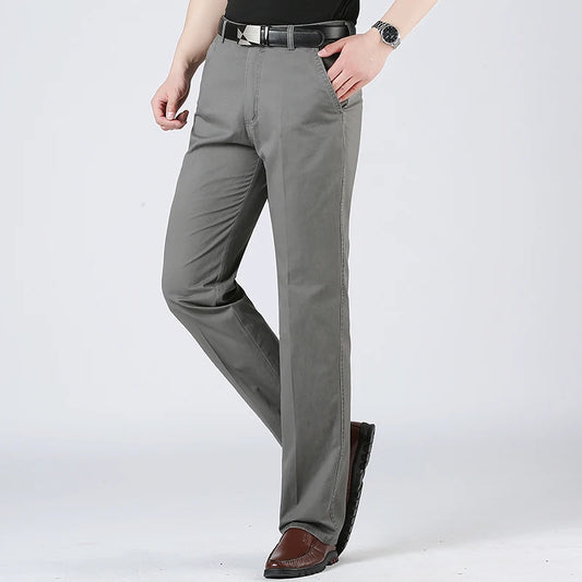 Men's Solid Cotton Straight-Leg Chino Pants – Business Casual Trousers with Belt, Ideal for Autumn &amp; Winter – Classic Formal Style for Adults &amp; Seniors