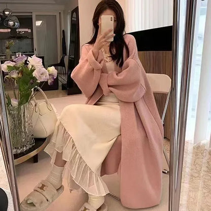 2024 Women's V-Neck Knit Cardigan – Long Sleeve Open Front Sweater, Loose Fit Solid Color Winter Outerwear
