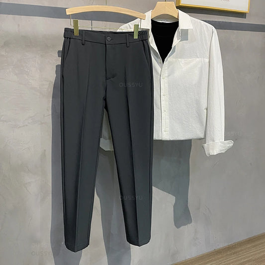 2025 Spring-Summer Men's Slim Fit Casual Business Jogger Pants with Elastic Waist, Available in Plus Sizes 40 and 42, Black