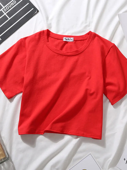 Women’s Summer Casual Cotton Short Sleeve Crop Top – Solid Color O-Neck Loose Fit T-ShirtT