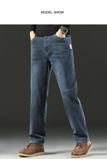2025 Spring Men's High-Waist Spliced Washed Denim Jeans – Loose Straight Fit Stretch Cotton Blend Casual Brand Trousers &nbsp;