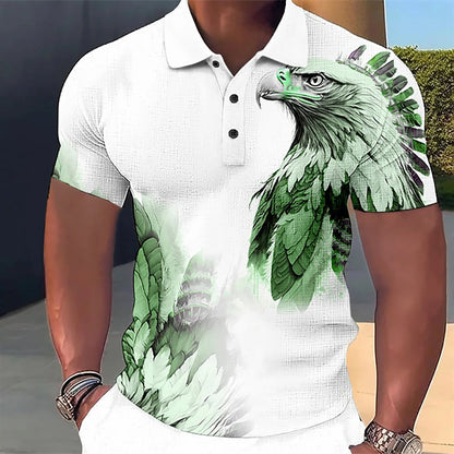 Men’s Polo Shirt with 3D Wolf & Eagle Print – High-Quality Summer Casual Loose Fit Short Sleeve Tee
