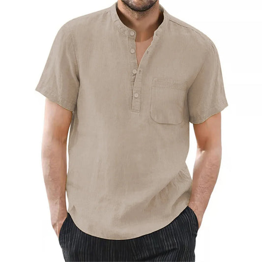 Men’s Casual Short Sleeve Cotton-Linen T-Shirt – Solid Color, Breathable and Comfortable Summer Shirt