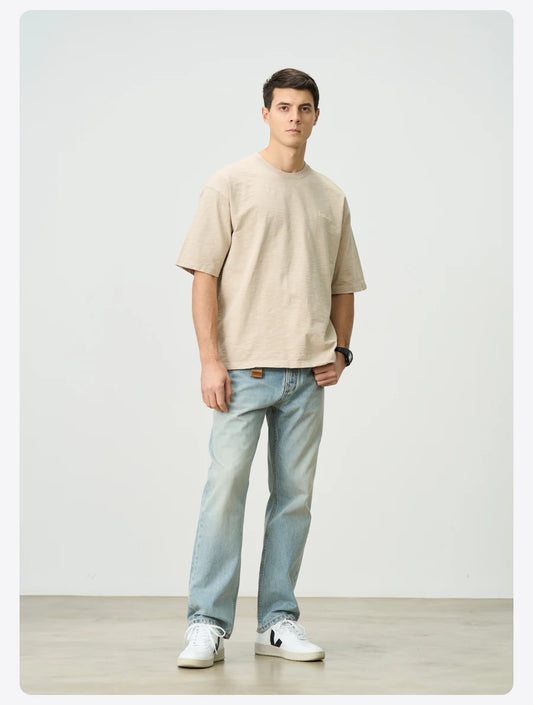 SIMWOOD 2025 Summer Oversized Heavyweight 300gsm Slub Cotton T-Shirt for Men with Letter Embroidery