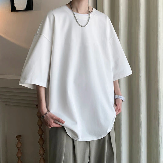 Men’s Summer Cotton T-Shirts – Solid Color, Loose Fit, Casual Short Sleeve Tops in White, Blue – Fashionable Plus Size Tees up to 5XL