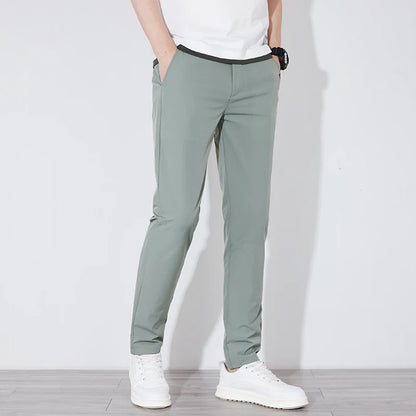 Men's Summer Silk-Feel Stretch Trousers – Lightweight Classic Business Casual Pants with Elastic Waist – Korean Style Smooth Suit Pants in Black or Gray