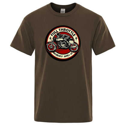 Full Throttle Motorcycle Graphic T-Shirt – Rockabilly Biker Style Cotton Tee for Men, Casual Loose Fit Summer Top