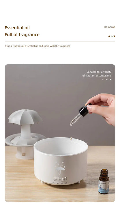 Cloud Rain Aroma Diffuser with Humidifier, Raindrop Design, Remote-Controlled Night Light, Desktop Water Fountain with Soothing Water Drop Sounds for Home Use