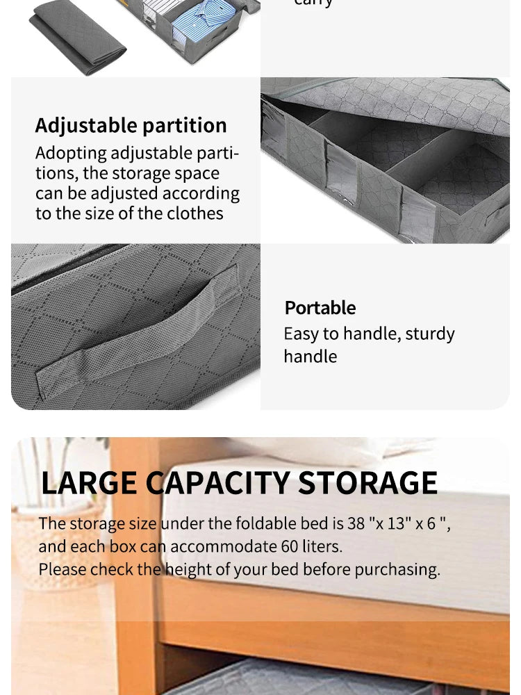 Foldable Underbed Storage Organizer with Large Adjustable Compartments for Clothes, Shoes, Blankets, and Toys
