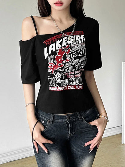 Y2K Gothic Off-Shoulder Crop Top – Women's Punk Style Letter Print T-Shirt, Harajuku Aesthetic Grunge Streetwear for Summer