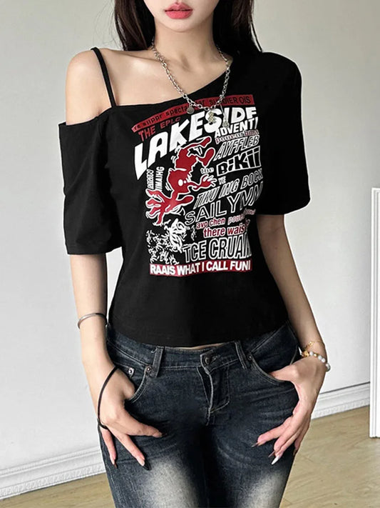 Y2K Gothic Off-Shoulder Crop Top – Women's Punk Style Letter Print T-Shirt, Harajuku Aesthetic Grunge Streetwear for Summer