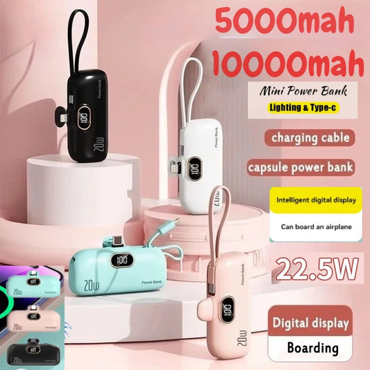Mini 10000mAh Portable Power Bank with Built-in Cables – Compact External Battery Charger for iPhone & Type-C Devices