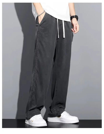 2025 Summer Men's Lightweight Lyocell Jeans – Loose Fit, Straight-Leg Casual Pants with Elastic Waist and Drawstring, Korean Style &nbsp;