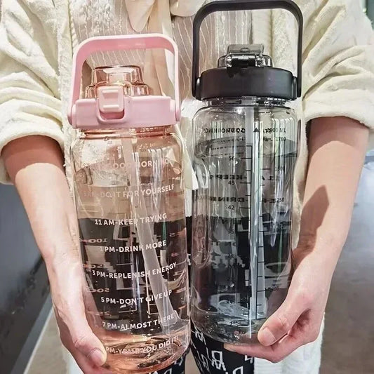 2L Large Capacity Sports Water Bottle with Straw – Time Marker Leakproof Plastic Cup for Fitness & Outdoor Use