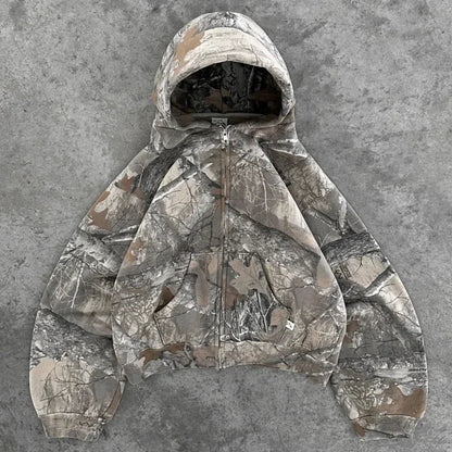 Y2K Camouflage Leaf Print Hoodie – Unisex Retro Streetwear Loose Fit Hip Hop Sweatshirt for Men & Women