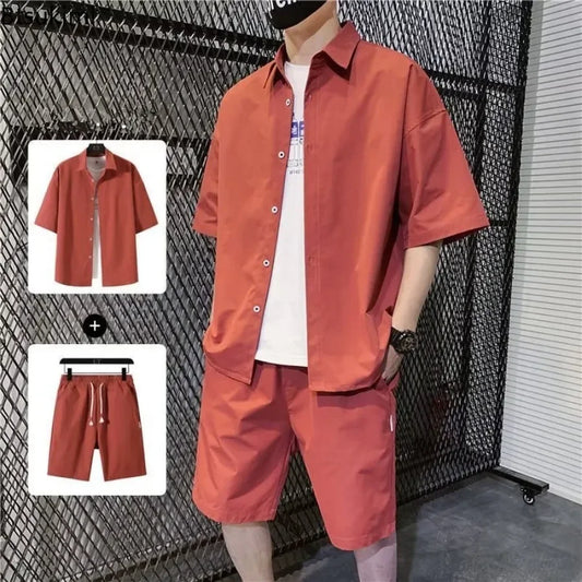 2025 Trendy Korean-Style Men's Summer Outfit – Casual Two-Piece Set Featuring Short Sleeve Shirt &amp; Matching Shorts, Stylish High Street Look for Daily &amp; Streetwear Fashion