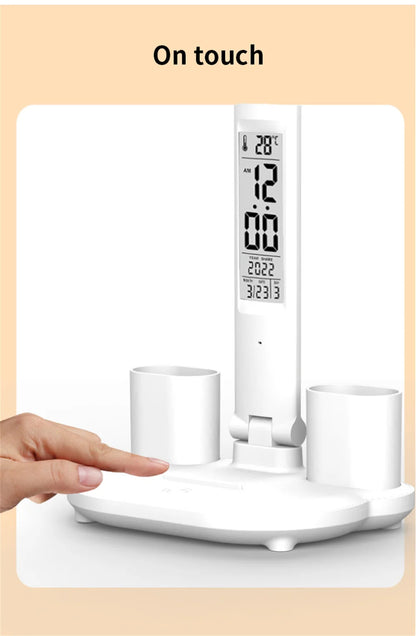 Foldable LED Table Lamp with Touch Dimming, USB Charging, Clock, Temperature Display &amp; Night Light – Ideal for Study &amp; Reading