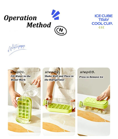 No-Spill Ice Cube Tray with Lid – Touch-Free Silicone Ice Mold for Freezer with Straw & Cable Tie
