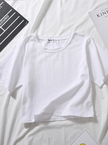 Women’s Summer Casual Cotton Short Sleeve Crop Top – Solid Color O-Neck Loose Fit T-ShirtT