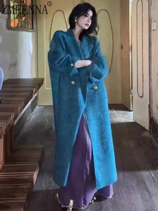 ZMEENNA Elegant Blue Wool Blend Long Winter Coat for Women – Double-Breasted Lapel Overcoat with Loose Fit and Warm Design (Model ZM3425)