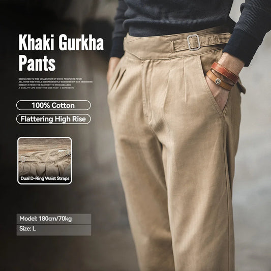 Classic Vintage Khaki Gurkha Pants for Men – Adjustable High Waist Casual Cargo Trousers for Spring and Fall