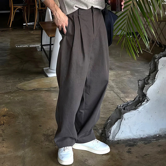 2025 Men's Spring/Summer Vintage Pleated Straight-Leg Suit Pants – Loose Fit, Solid Color, Trendy Casual Streetwear Trousers