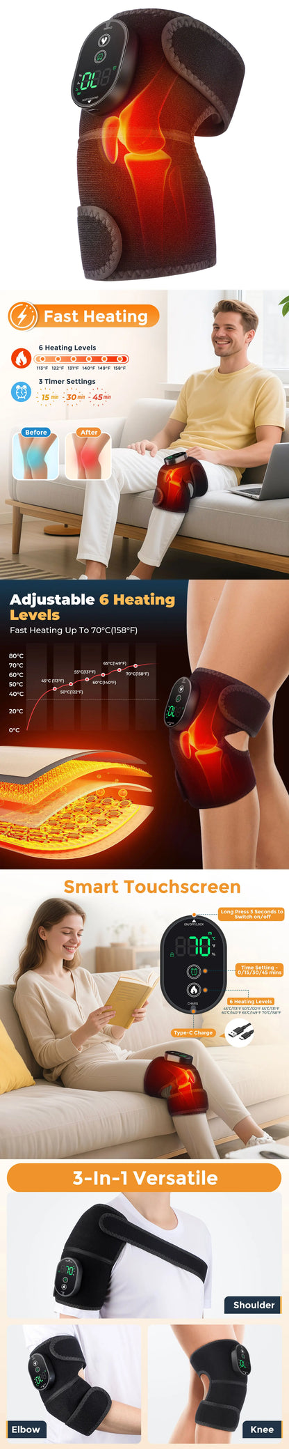 3-in-1 Electric Heated Knee Massager Pad with Vibration – Hot Compress for Shoulder, Elbow & Joint Muscle Relief