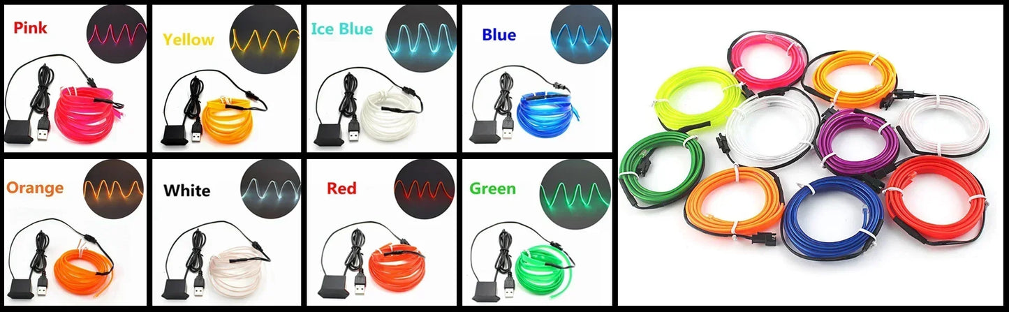 1/3/5M Flexible EL Wire Neon LED Strip for Car Interior Decoration – USB Powered DIY Ambient &amp; Party Lighting