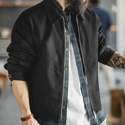 Men’s Heavyweight Vintage “IKE” Zip-Up Jacket – Black Cotton Coat with Collar, Casual Outdoor / Mountain Style for Spring & Fall