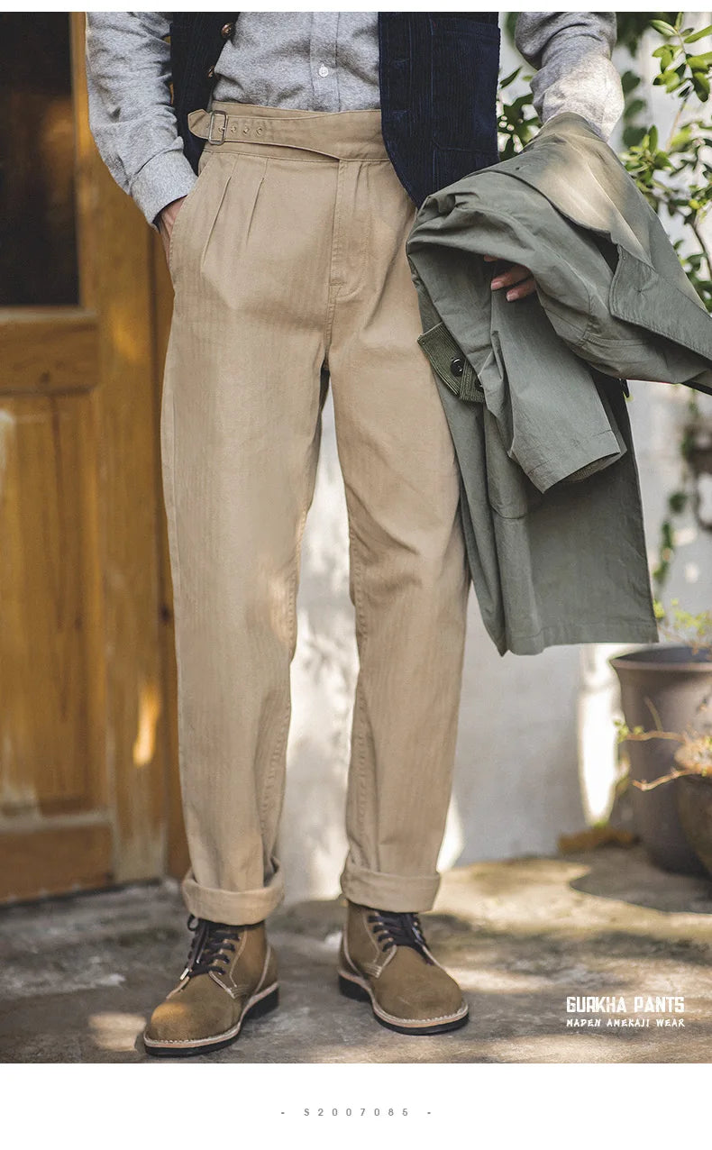 Classic Vintage Khaki Gurkha Pants for Men – Adjustable High Waist Casual Cargo Trousers for Spring and Fall