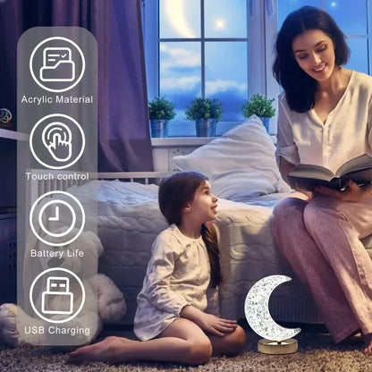 Rechargeable Crystal Touch Dimmable Night Lamp for Bedroom, Girls’ Room, USB LED Ambient Table Light with 3D Moon Design