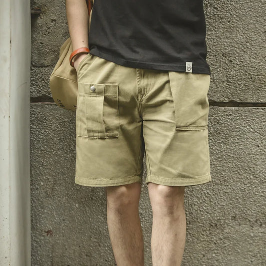 Maden Vintage P37 Men’s Cotton Cargo Shorts – Solid Color, Adjustable Waist, Military-Inspired Straight-Leg Casual Shorts for Summer