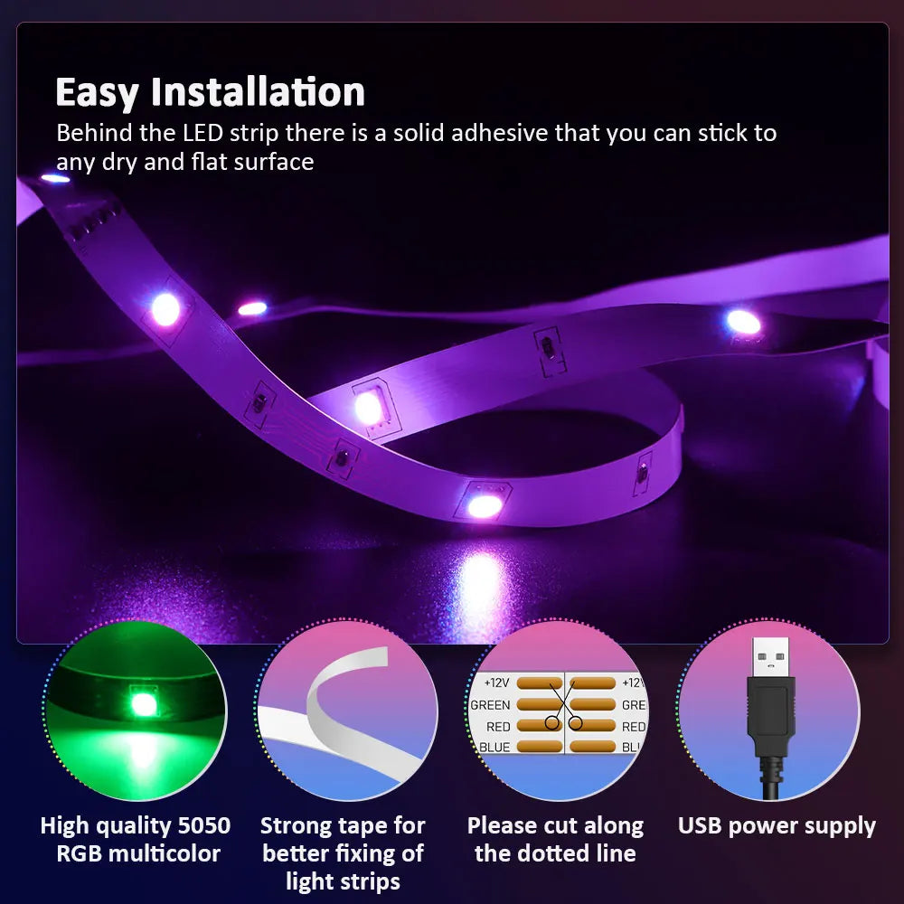5V RGB LED Strip Lights, 1M-30M, 16 Million Colors, Music Sync, Color Changing LED Lighting for Parties and Home Decor