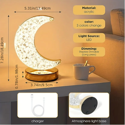 Crystal LED Touch Dimmable Night Light – USB Rechargeable 3D Moon Table Lamp for Bedroom, Home Décor &amp; Ambient Lighting &nbsp;