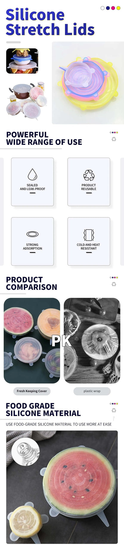 6-Piece Silicone Stretch Covers for Bowls – Elastic, Reusable Microwave-Safe Food Wraps, Universal Fit Kitchen Lids