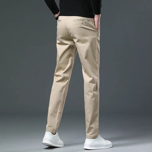 Men’s Classic Straight-Leg Cotton Trousers – 98% Cotton, Breathable Business Casual Pants with Elastic Comfort – Ideal for Spring &amp; Summer