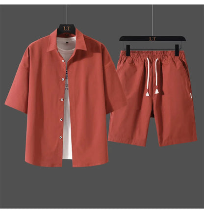 2025 Trendy Korean-Style Men's Summer Outfit – Casual Two-Piece Set Featuring Short Sleeve Shirt &amp; Matching Shorts, Stylish High Street Look for Daily &amp; Streetwear Fashion
