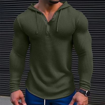 Men's Slim Fit Waffle Knit Long Sleeve Pullover – Solid Color Casual Streetwear Top, Comfortable Outdoor T-Shirt (Sizes M-3XL)