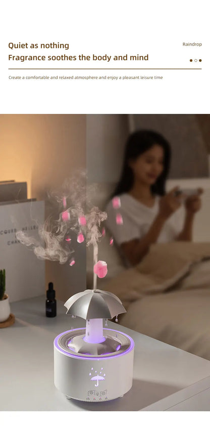 Cloud Rain Aroma Diffuser with Humidifier, Raindrop Design, Remote-Controlled Night Light, Desktop Water Fountain with Soothing Water Drop Sounds for Home Use