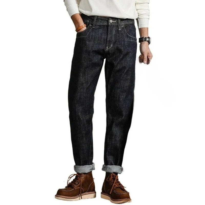 Men’s Relaxed Straight Raw Selvedge Denim Jeans – “Red Tornado” Style
