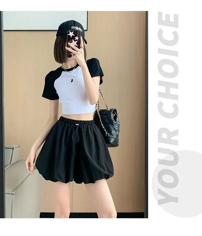 Women's High-Waist Lantern Shorts – Casual Summer Streetwear with Pockets, Relaxed Fit for Students, Youth, and Everyday Wear