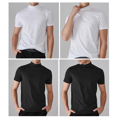 Slim Fit Men’s Half-Turtleneck T-Shirt – Casual Summer Short Sleeve, Solid Color, Elastic and Lightweight Pullover Tee