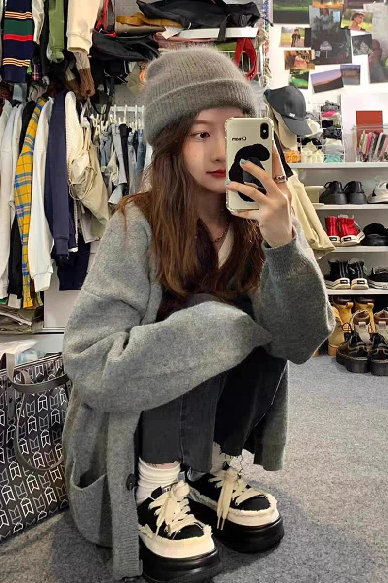 Casual Gray Mid-Length Knit Cardigan for Women with Pockets – Korean Style Open Front Sweater Coat for Autumn