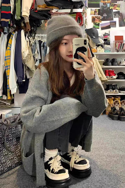 Casual Gray Mid-Length Knit Cardigan for Women with Pockets – Korean Style Open Front Sweater Coat for Autumn