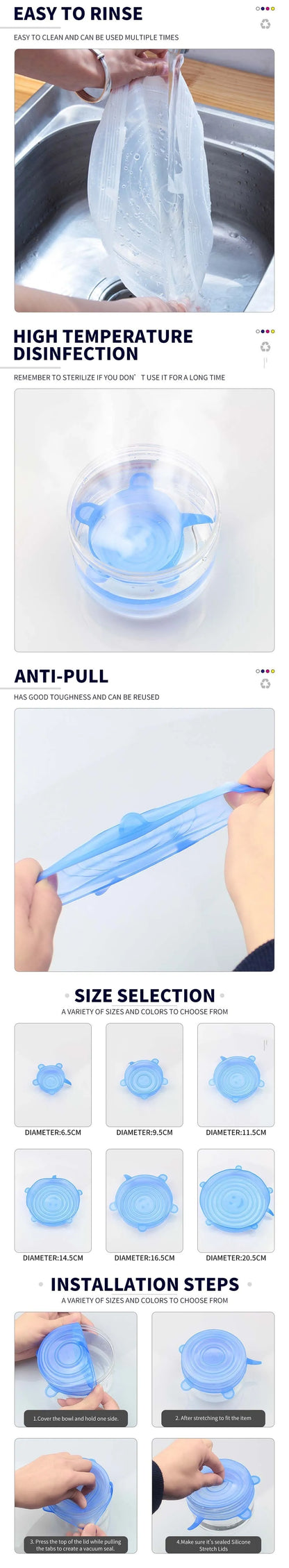 6-Piece Silicone Stretch Covers for Bowls – Elastic, Reusable Microwave-Safe Food Wraps, Universal Fit Kitchen Lids