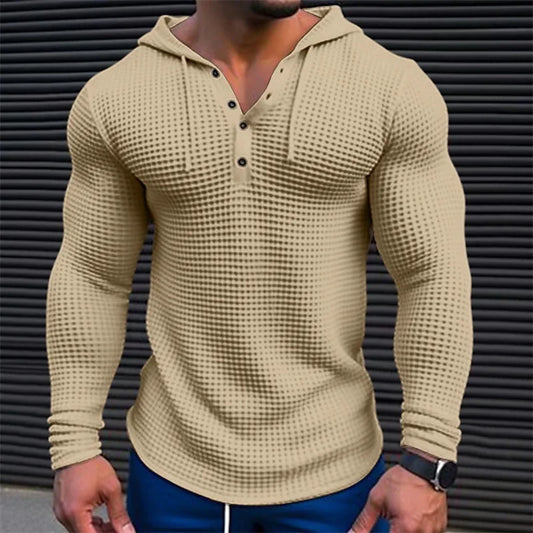 Men's Slim Fit Waffle Knit Long Sleeve Pullover – Solid Color Casual Streetwear Top, Comfortable Outdoor T-Shirt (Sizes M-3XL)